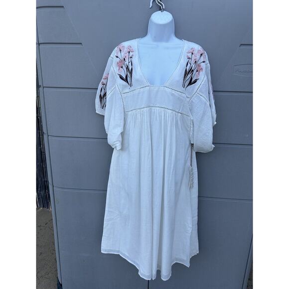 St Roche Lake Gauze Midi dress Ivory and Pink Embroidered w/Pockets Sz M NWT - Picture 7 of 16